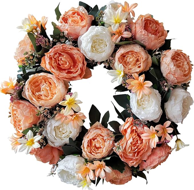 WANNA-CUL 20 Inch Spring Fall Wreaths for Front Door Decor,Summer Front Door Wreath with White and Champagne Gold Rose Flower for Wedding or Indoor&Outdoor Home Decor