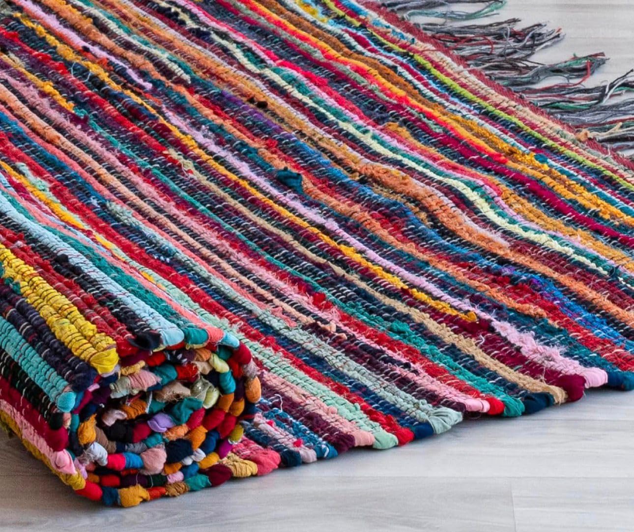 Multicolor Chindi Rag Rug, Boho Woven Cotton with Fringe, 36x60 Inch