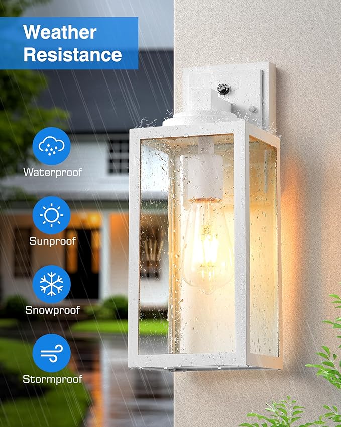 VIANIS 14.5" Dusk to Dawn Outdoor Lighting, White Exterior Light Fixtures with Tempered Seeded Glass, Waterproof Outdoor Wall Light Fixture, Anti-Rust Aluminium Porch Lights Outdoor for Porch, Garage