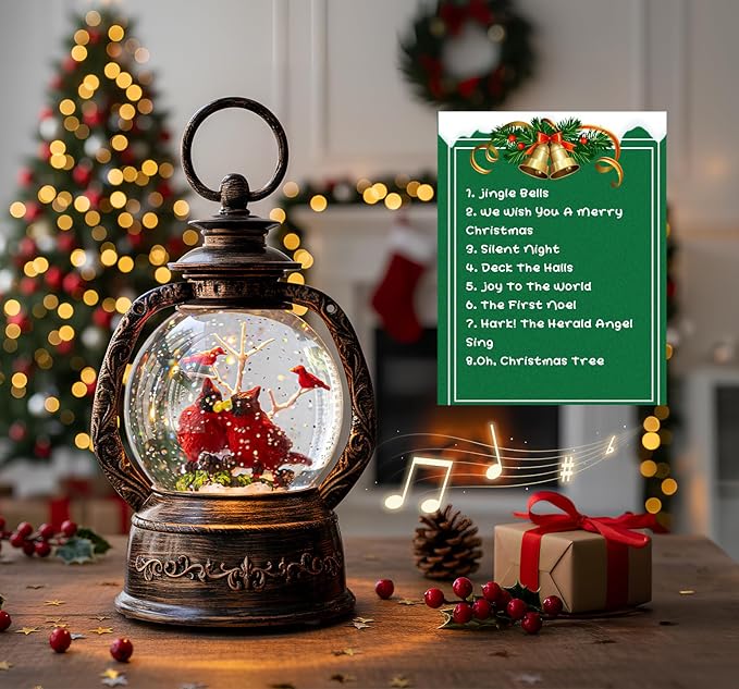 Christmas Snow Globe Lantern Water Glittering Cardinal with Music, USB Lined/Battery Operated Lighted Lantern for Christmas Festival Decoration Gifts