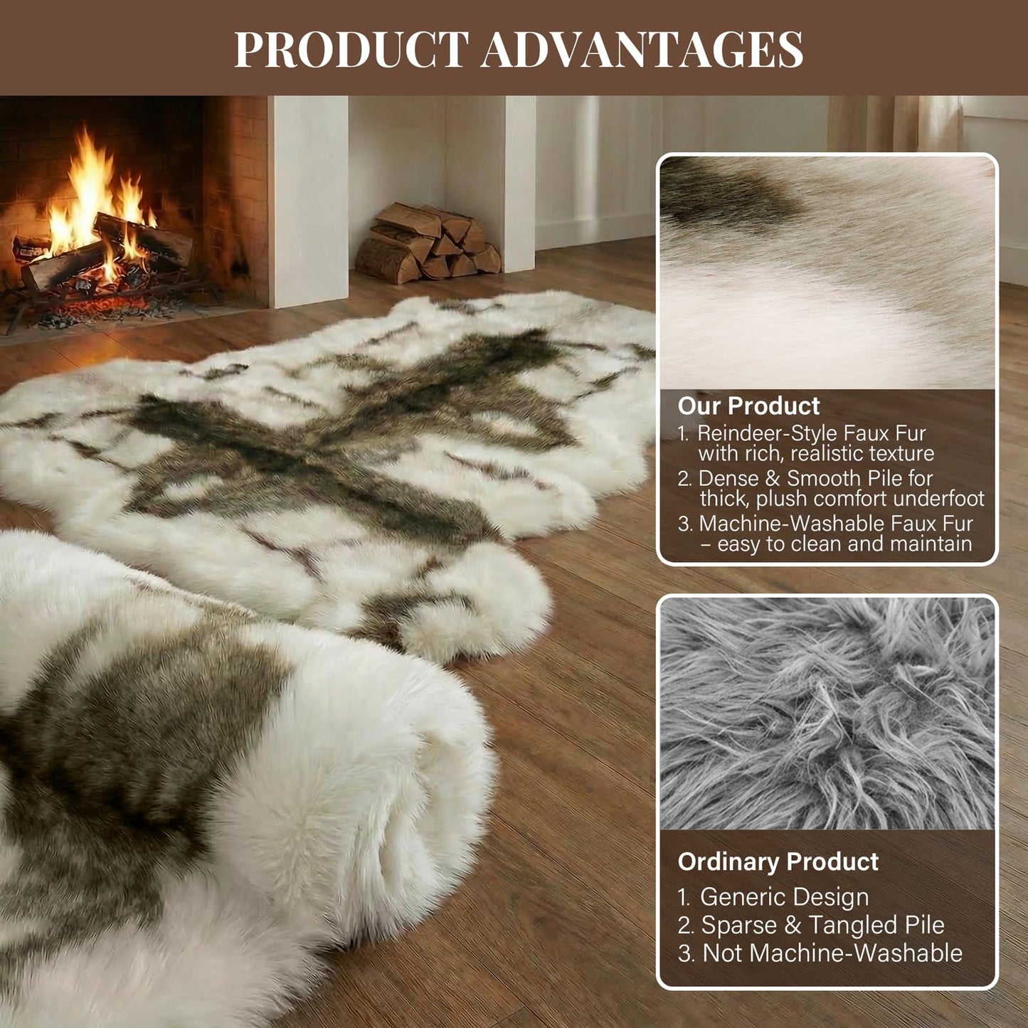 TIMBERHIDE Reindeer Pattern Faux Fur Area Rug,6.7'x2.3' Plush Machine Washable Runner for Fireplace & Bedside,High-Simulation Eco-Friendly Hide,Luxury Living Room Rug