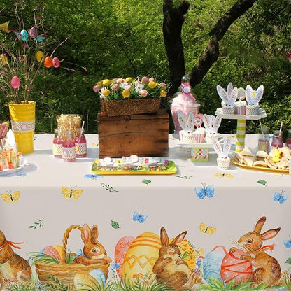 Easter Bunny Tablecloth 54"x108" Rectangle Vintage Easter Floral Butterflies Flower Leaf Egg Rabbit Fabric Table Cover for Happy Easter Spring Holiday Birthday Wedding Outdoor Picnic Party Supplies