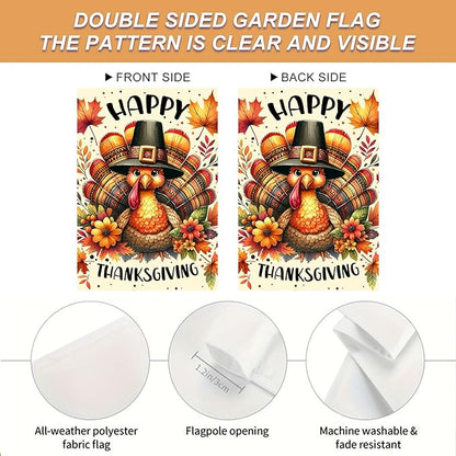Thanksgiving Garden Flag 12x18 Inch Double Sided Turkey Flags Happy Fall Pumpkin Leaves Acorn Small Yard Flag Autumn Harvest Decoration for Outdoor Porch Lawn Holiday Seasonal Display