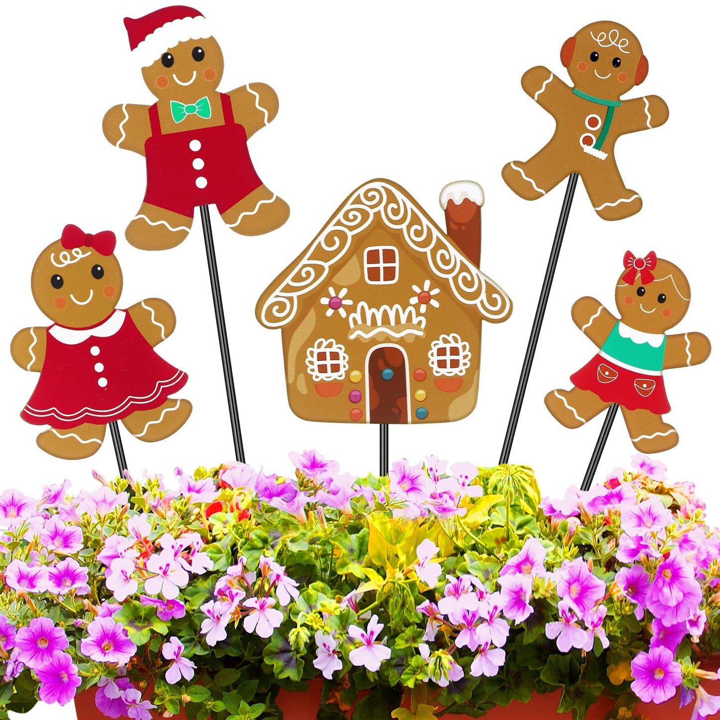 Roowest 5 Pack 12'' H Metal Christmas Yard Stakes Outdoor Decorations Gingerbread Man House Garden Signs Christmas Potted Plant Stakes for Holiday Winter Home Lawn Garden Porch Walkway Party Decor