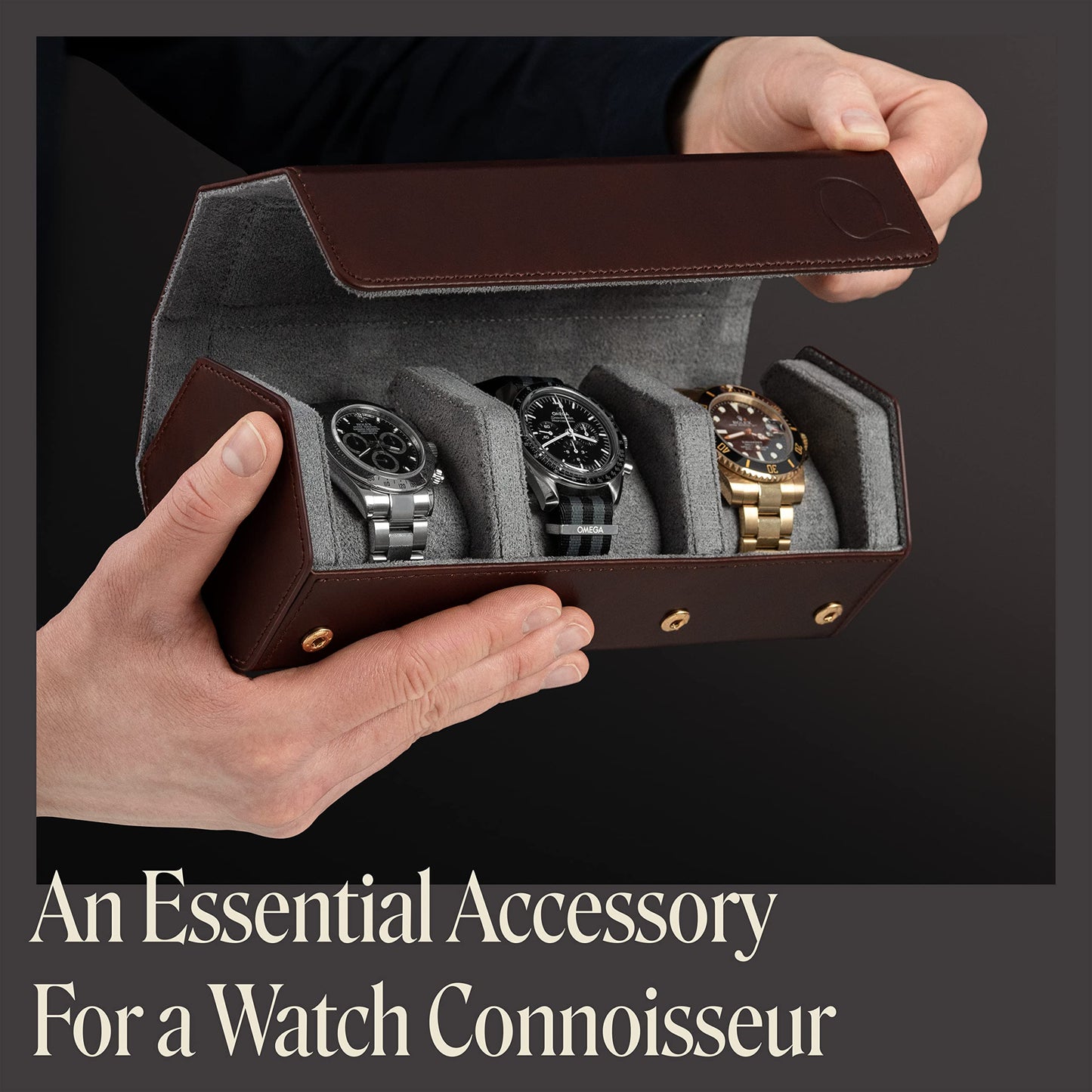 QWATCHBANDS Napa Leather Watch Rolls for Men - Hexagon Triple Watch Roll Travel Case for 3 Watches - Storage Organizer Genuine Leather with Velvet Interior Display (Brown/Gray)