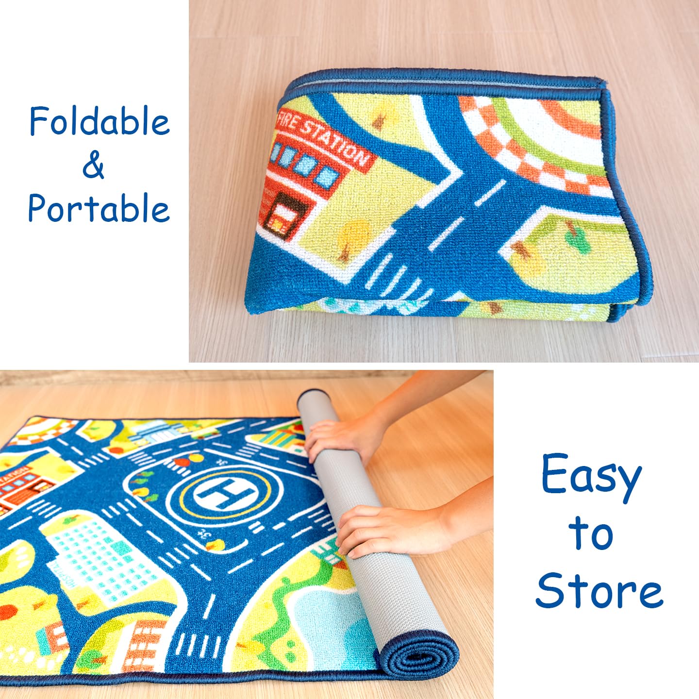 saihe Harbor Town City Road Play Rug for Kids: 27.5" x 51" Educational Blue Road Town Map Area Rug, Machine Washable Non-Slip TPR Backing | Interactive Play Mat for Playroom & Classroom