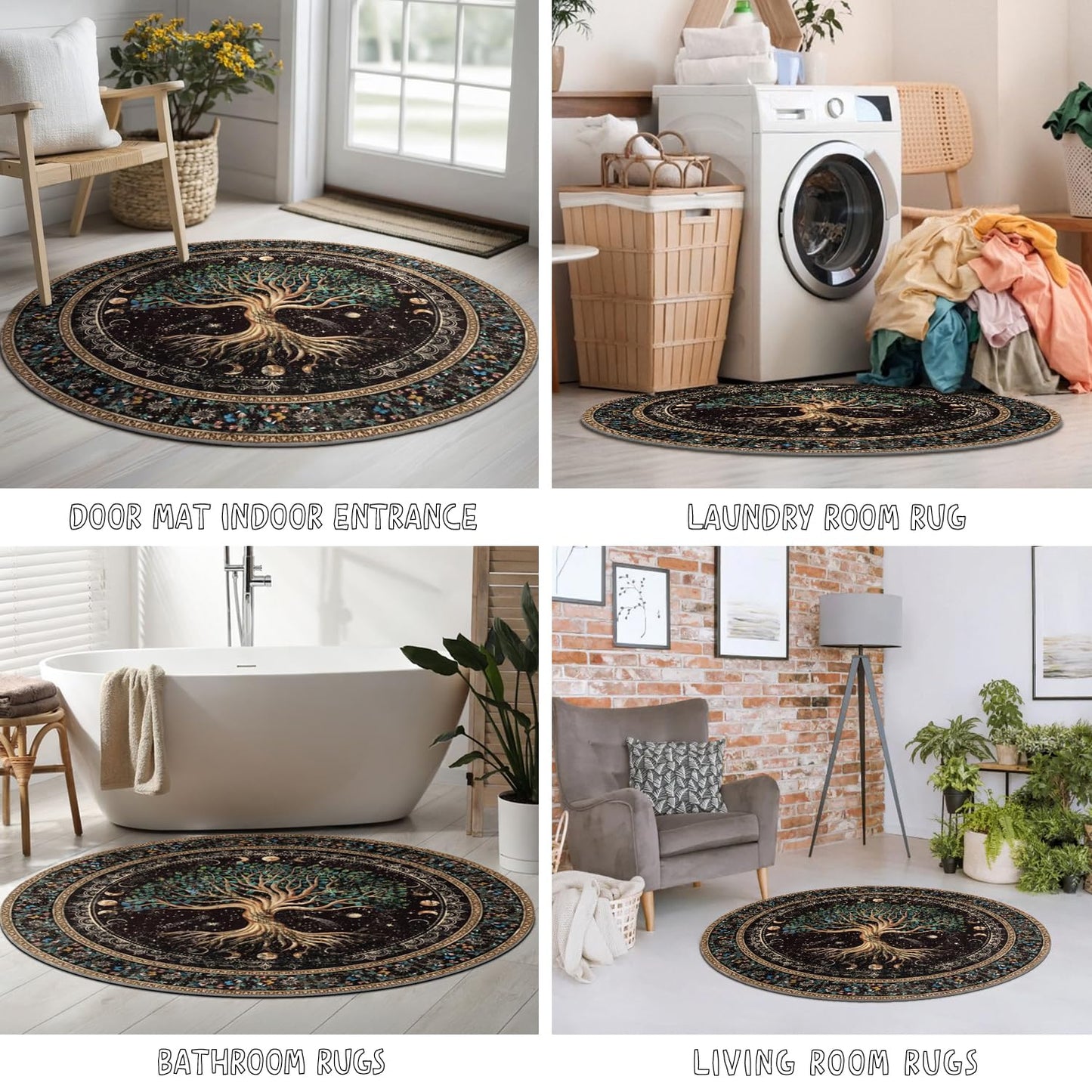 wesncdch Non-Slip Washable Boho Area Round Rug for Living Room Reading Corner 4ft,Bohemian Mandala Moon Phase Tree of Life Floral Soft Indoor Throw Rugs for Bedroom,Kitchen,Laundry,Bathroom Decor