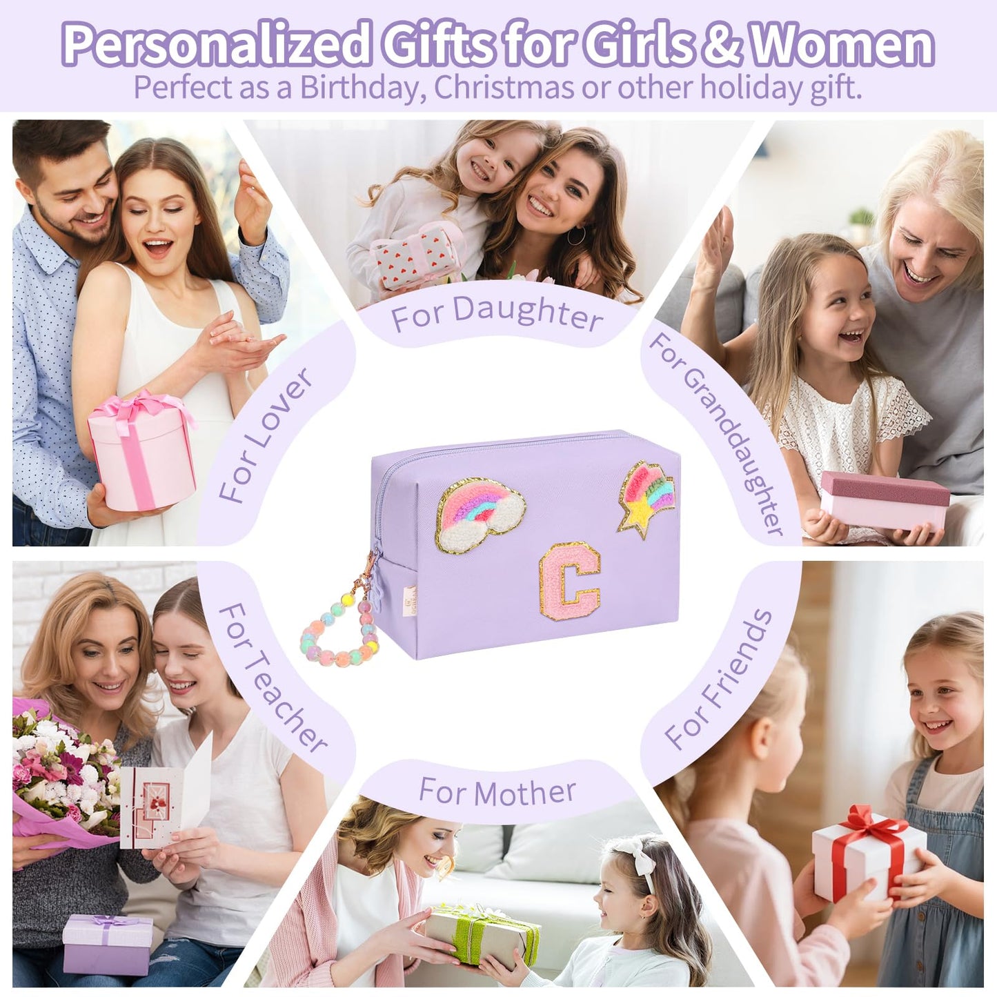 Initial Makeup Bag for Girls, Cute Makeup Bag Small Cosmetic Bag Travel Make Up Organizer Pouch, Birthday Gifts for Girls 4 5 6 7 8 9 10 11 12 13 14 15 Years Old, Teen Girls Gifts Trendy Stuff