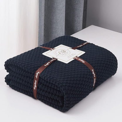 Longhui bedding Dark Navy Blue Knitted Throw Blanket for Couch, Soft, Cozy Machine Washable 100% Cotton Sofa Knit Blankets, Heavy 4.0lb Weight, 60 x 80 Inches, Dark Navy Blue Color.