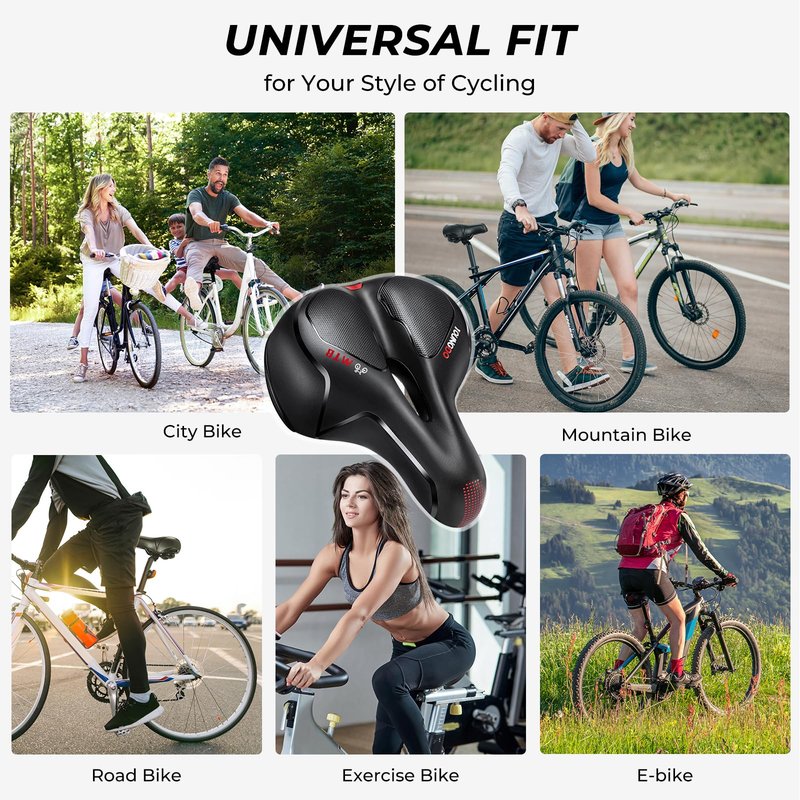YOUNGDO Bike Seat - Comfortable Gel Foam Padded Leather, Wide Bike Saddle Cushion, Universal Fit, Shock Absorbing, for Women and Men
