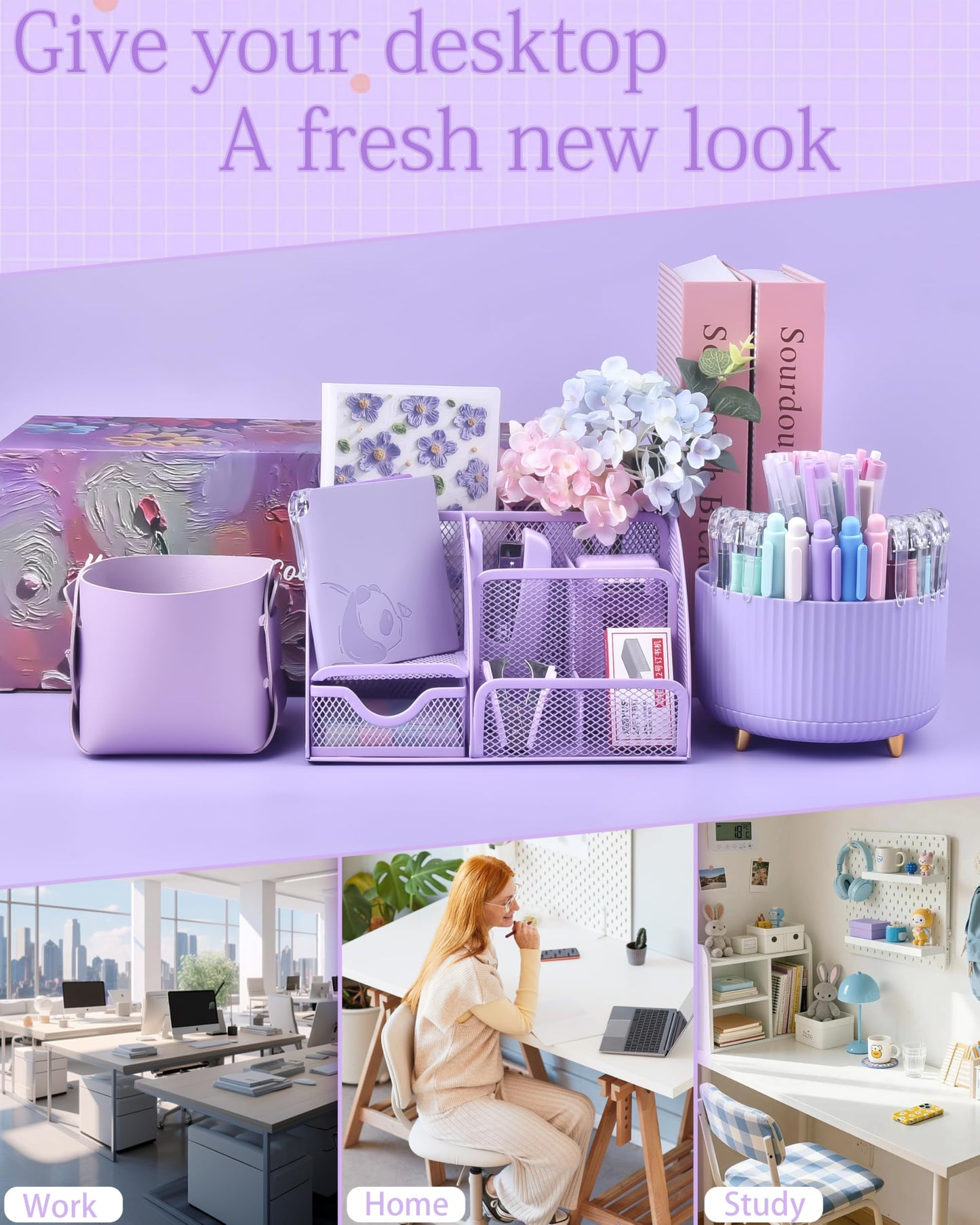 Vamrak Purple Desk Accessories and Organizers with Desk Organizer and 360°Rotating Pen Holder stapler Pen and a Lot of Office Purple Office Supplies Beautifully Presented in a Gift Box