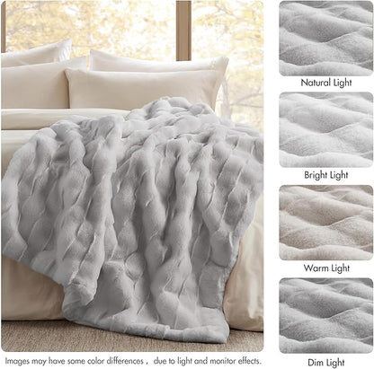 Madison Park Luxuriously Cozy Soft Long Faux Fur Basketweave Blanket, Reversible Soft & Snuggly Velvet Throw, Lightweight, Breathable, All Season, Trendy Room Décor, 50x60, Light Grey