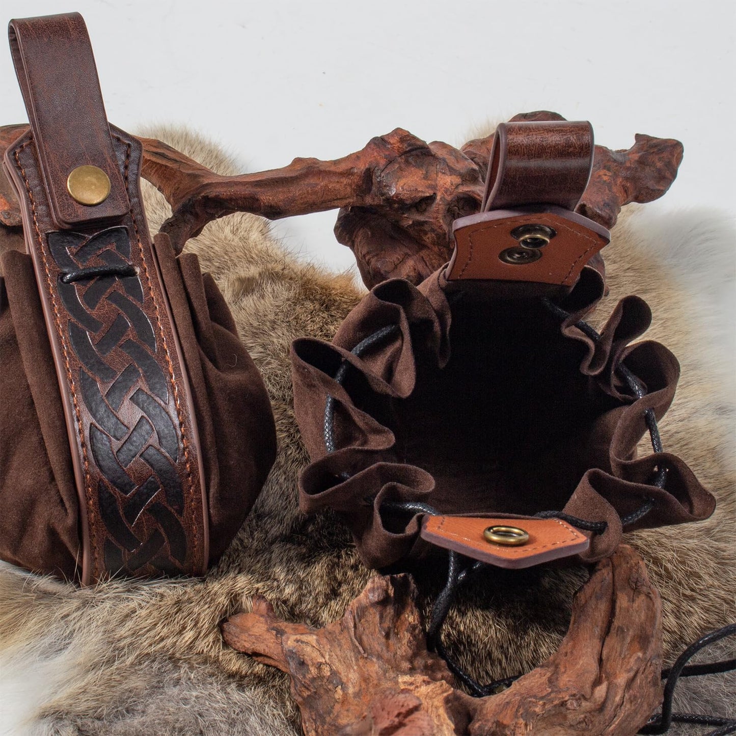 SUMGOGO Medieval Belt Pouch, Faux Leather, Renaissance Style, Small Drawstring Coin Purse, 2 Pack (A-Brown)