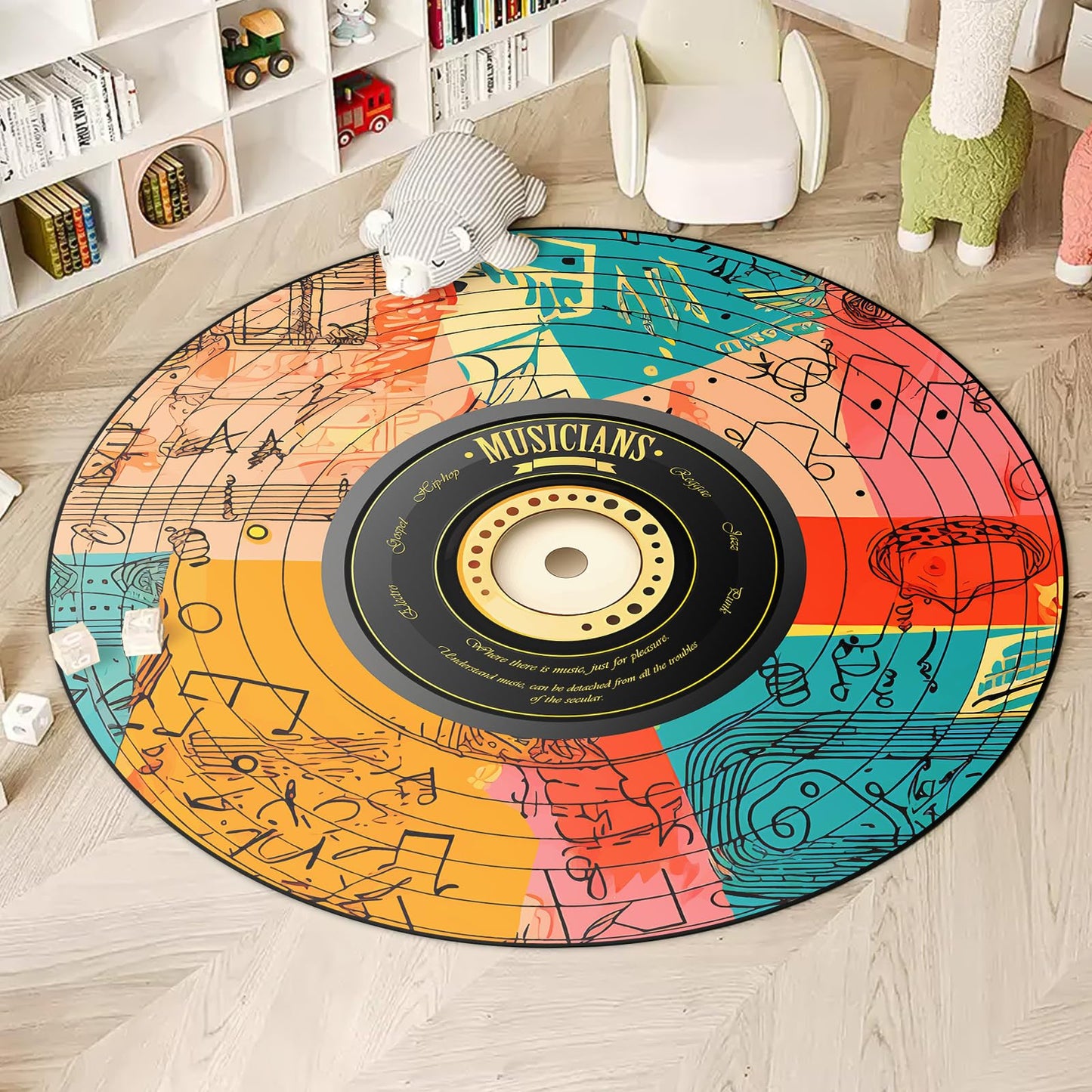 KALERA Music CD Disc Shape Area Rug, Multicolor, 5'3" x 5'3" (Round), Tufted, Polyester, Low Pile, Non-slip Backing, Water Resistant, All Seasons, Teenagers and Above, Living Room