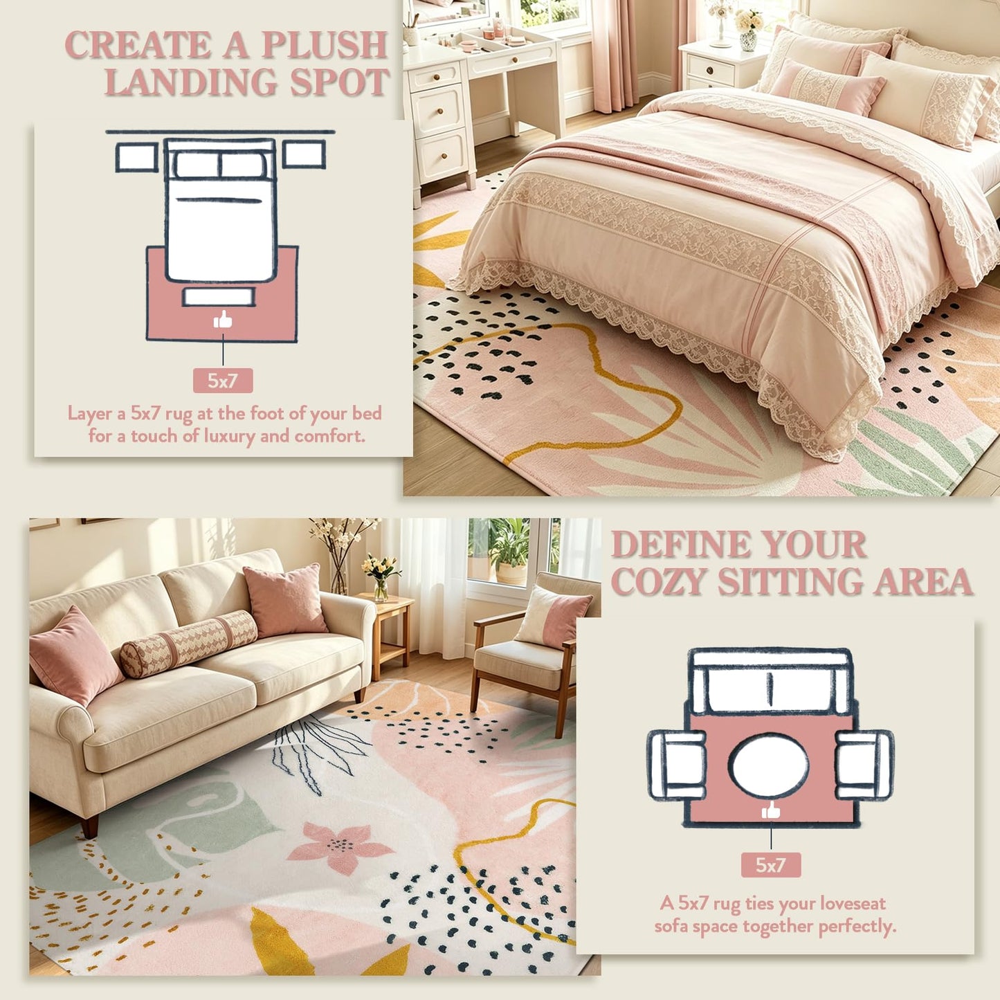 Lahome Pink Boho Nursery Rug 4x6, Washable Non Slip Soft Botanical Area Rug for Girls Bedroom Kids Room Playroom Dorm Apartment Decor