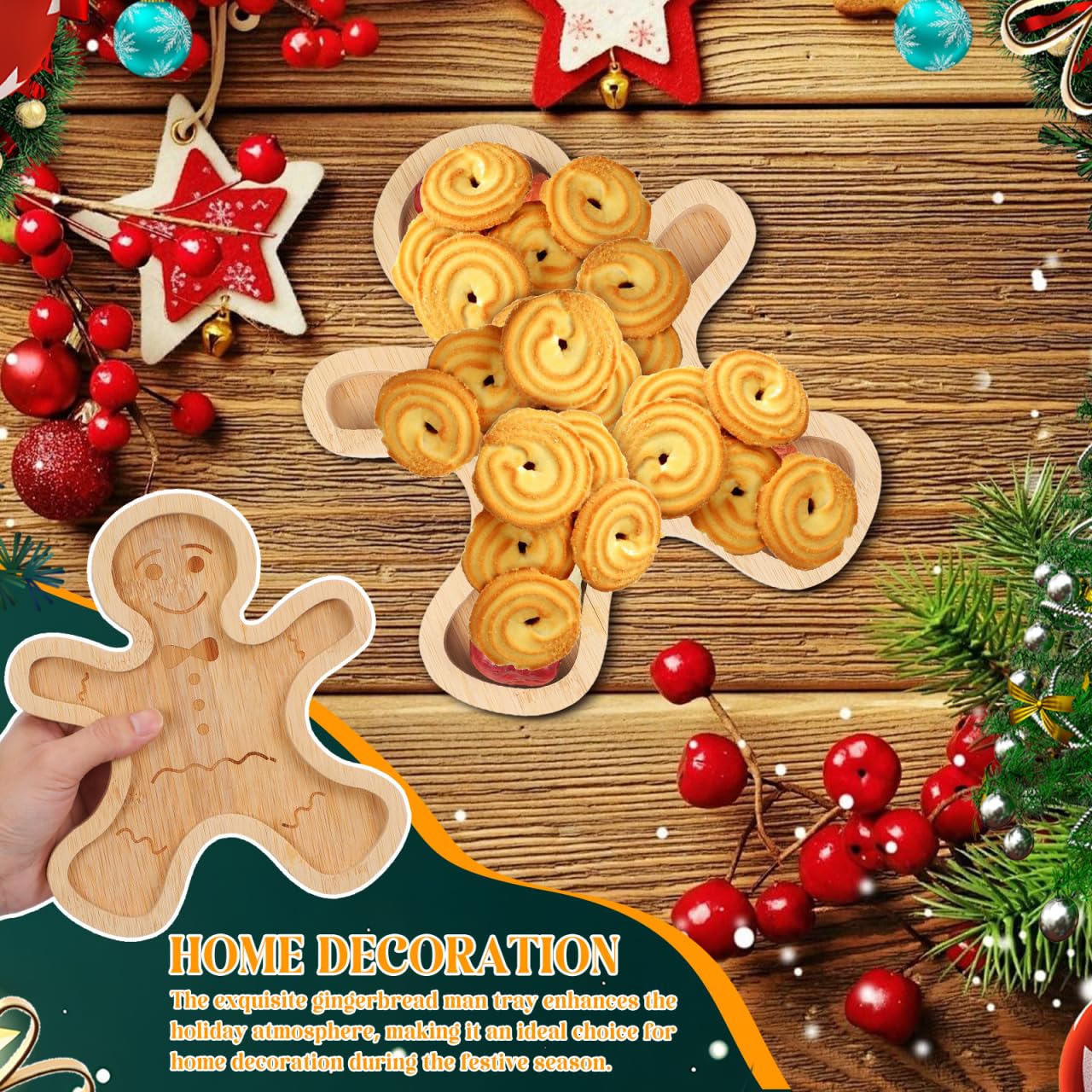 DECHOUS Gingerbread Serving Tray 8.3 Inch Charcuterie Board Christmas Bamboo Serving Platter Holiday Treat Tray for Snacks, Appetizers, Desserts, Holiday Home Party