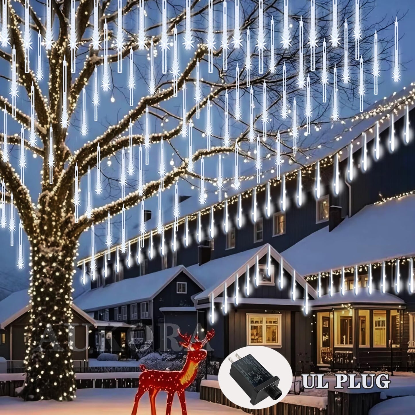 Aukora Christmas Lights Outdoor Meteor Shower Falling Rain Lights 12 inch 8 Tubes 192LED Snowfall Cascading Icicle String Light for Xmas Tree Decor Wedding Party Holiday Window Garden, UL Plug, White