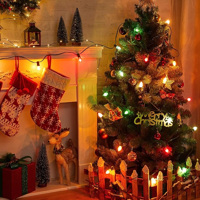 Minetom Multicolor C7 LED Christmas Lights Outdoor, 50FT Colorful String Lights with 50+2 Plastic Bulbs, Traditional Hanging Holiday Lights for Commercial Tree Patio Fence Roofline Xmas Decorations