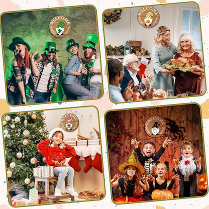 Qunclay Interchangeable Wooden Gnome Decor Holiday Seasonal Gnome Decorations with Magnet Pieces and Detachable Hats Changeable Welcome Sign for Home(Simple Style)