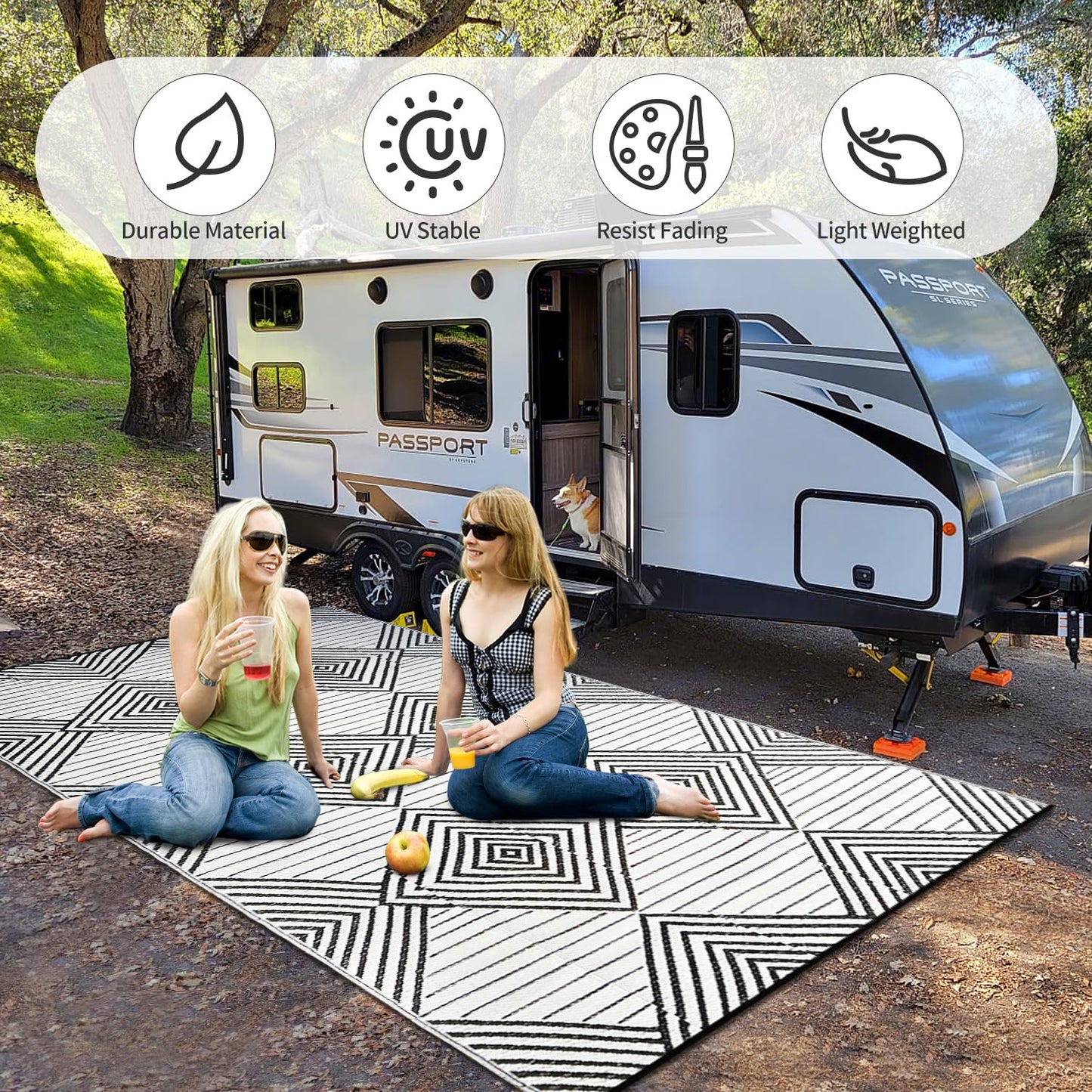 Waterproof Outdoor Rug 6x9ft, Foldable Reversible Plastic Straw Mat for Patio RV Deck Porch Backyard Balcony Camping Picnic Beach Indoor Outdoor Carpet, Black&White