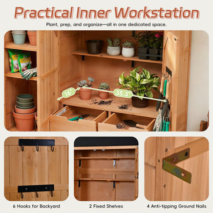 Outdoor Garden Shed with Waterproof Roof and Workstation, Outdoor Storage Cabinet with 7 Storage Shelves, 2 Drawers and 6 Hooks, Natural