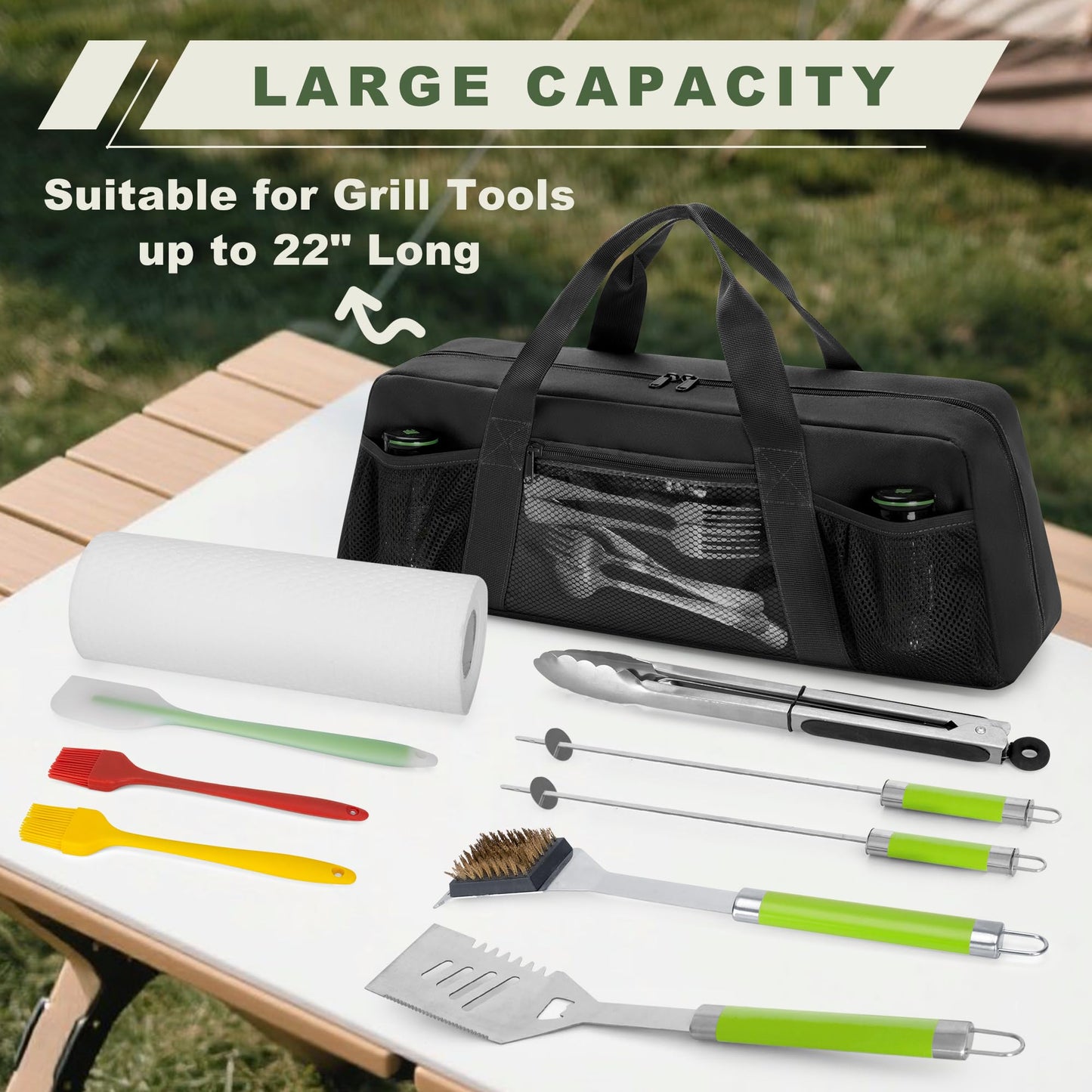 HODRANT Grill Tool Storage Bag, Outdoor BBQ Utensil Holder for Barbecue Tool up to 22", Large Grill Utensil Storage Caddy with Pockets, BBQ Accessories Case Container for Camping, Bag Only, Black