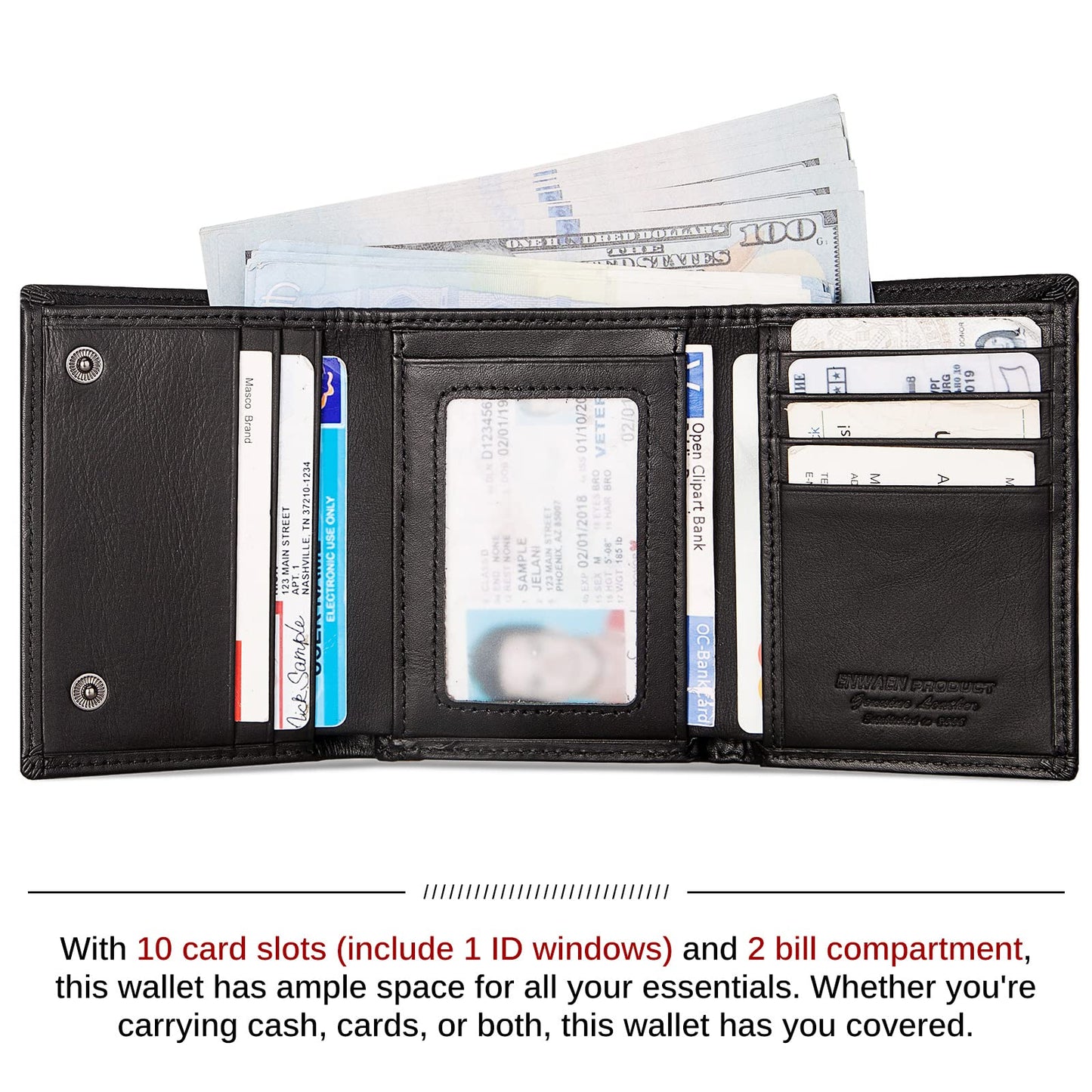 Mens Wallet with Chain, Genuine Leather Trifold Wallet RFID Blocking Anti-Theft Chain for Biker, Motorcycle(Black)