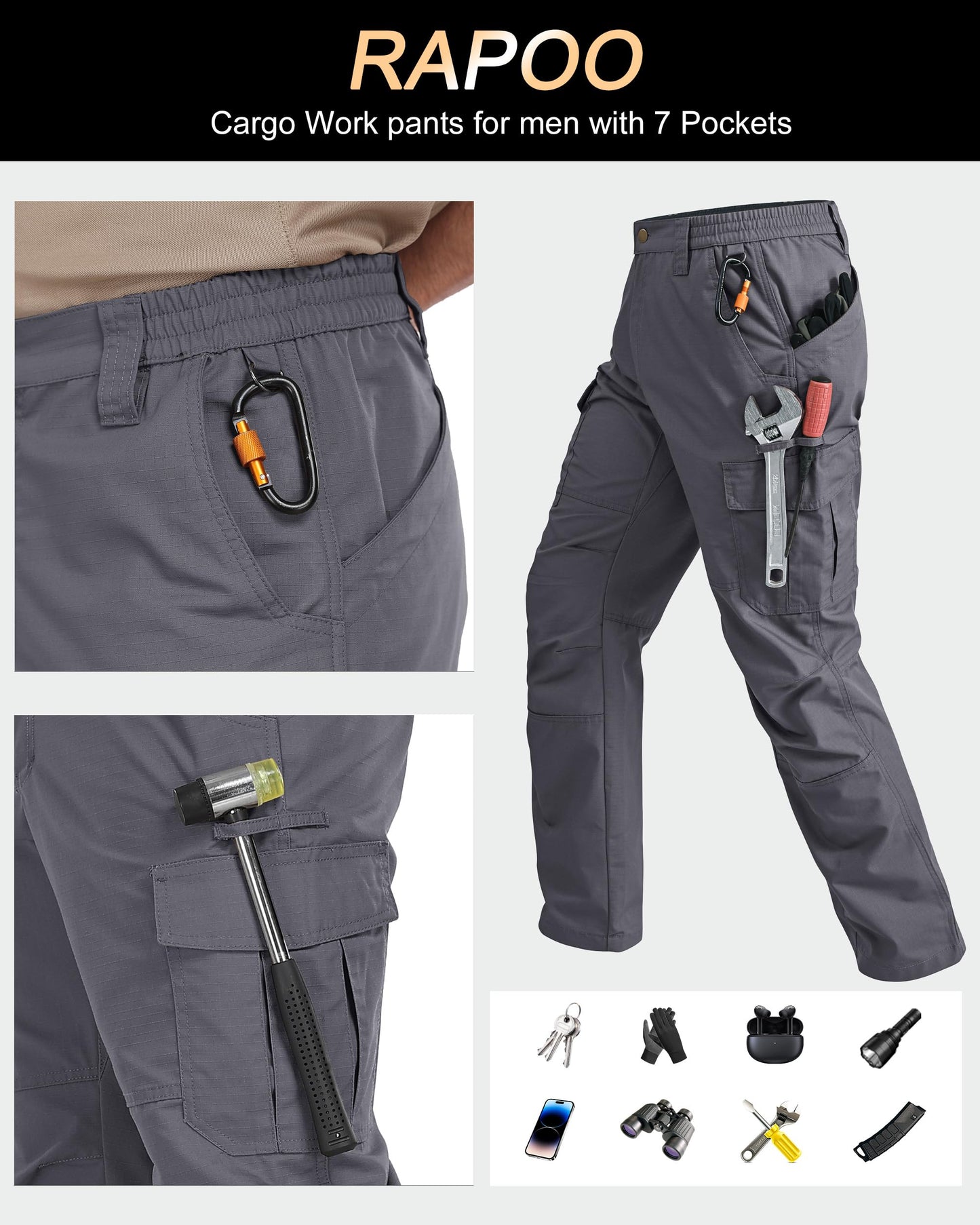 Rapoo Tactical Pants for Men Cargo Working Fishing Hiking Pants for Men with Multi Pockets Elastic Waist Mens Ripstop Construction Carpenter Pants Grey 40Wx30L