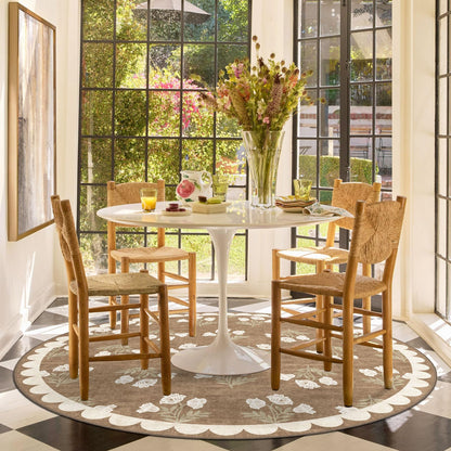 Othilic Tan Entryway Round Rug 4ft - Washable Boho Floral Neutral Farmhouse Scalloped Round Area Rug for Bedroom Non Slip Stain Resistant Circle Rugs for Living Room Kitchen Entryway Bathroom Nursery