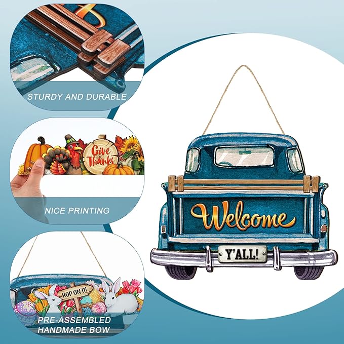 Ferraycle Interchangeable Welcome Sign for Front Door Farmhouse Truck Decor Rustic Hanging Sign with 12 Interchangeable Seasonal Holiday Decor for Fall Thanksgiving Halloween Christmas(Cute Color)