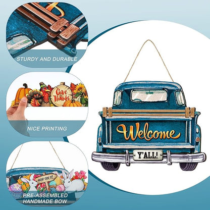 Ferraycle Interchangeable Welcome Sign for Front Door Farmhouse Truck Decor Rustic Hanging Sign with 12 Interchangeable Seasonal Holiday Decor for Fall Thanksgiving Halloween Christmas(Cute Color)