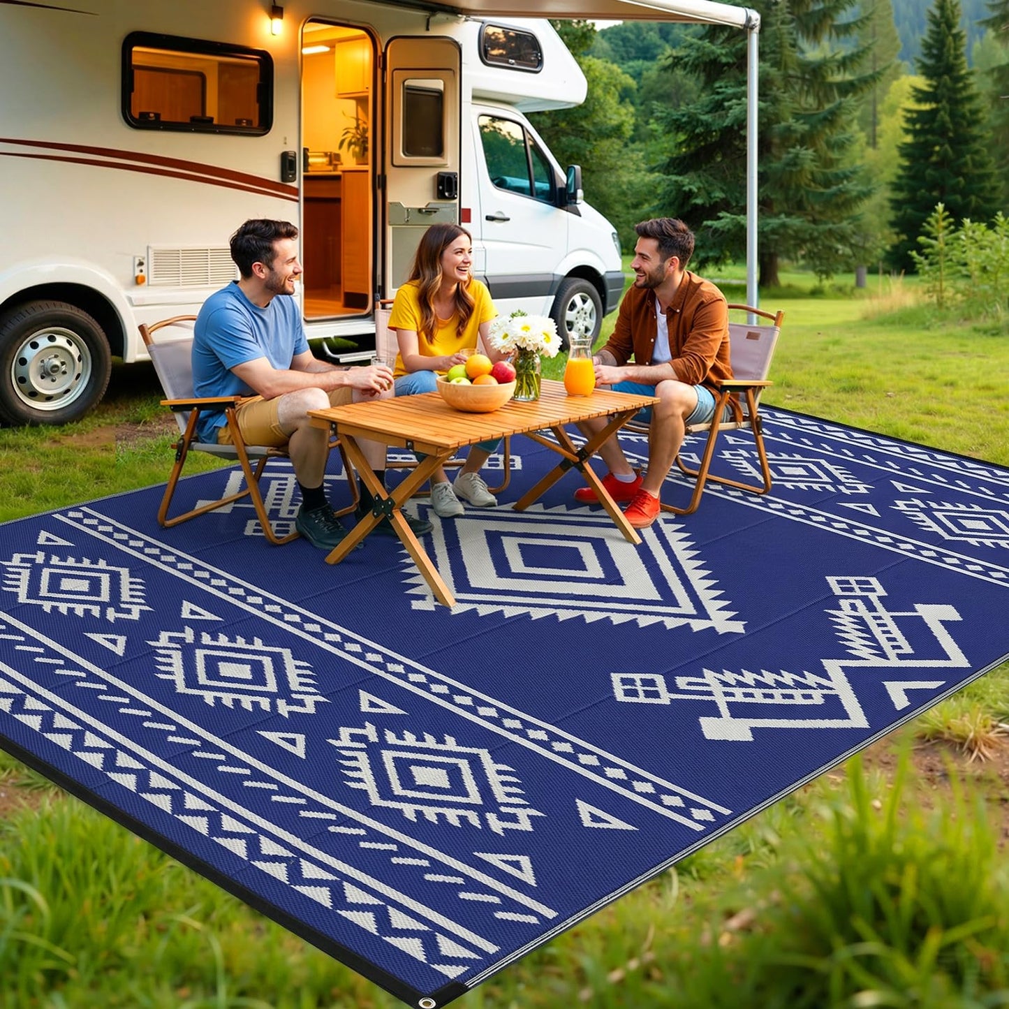 GOTGELIF 9x18 ft RV Camping Rug Waterproof, Large Reversible Bohemian Outdoor Plastic Straw Mat with Carry Bag, 4 Stakes & Seam, UV-Resistant Portable Carpet for Patio Pool Beach Deck (Blue & White)