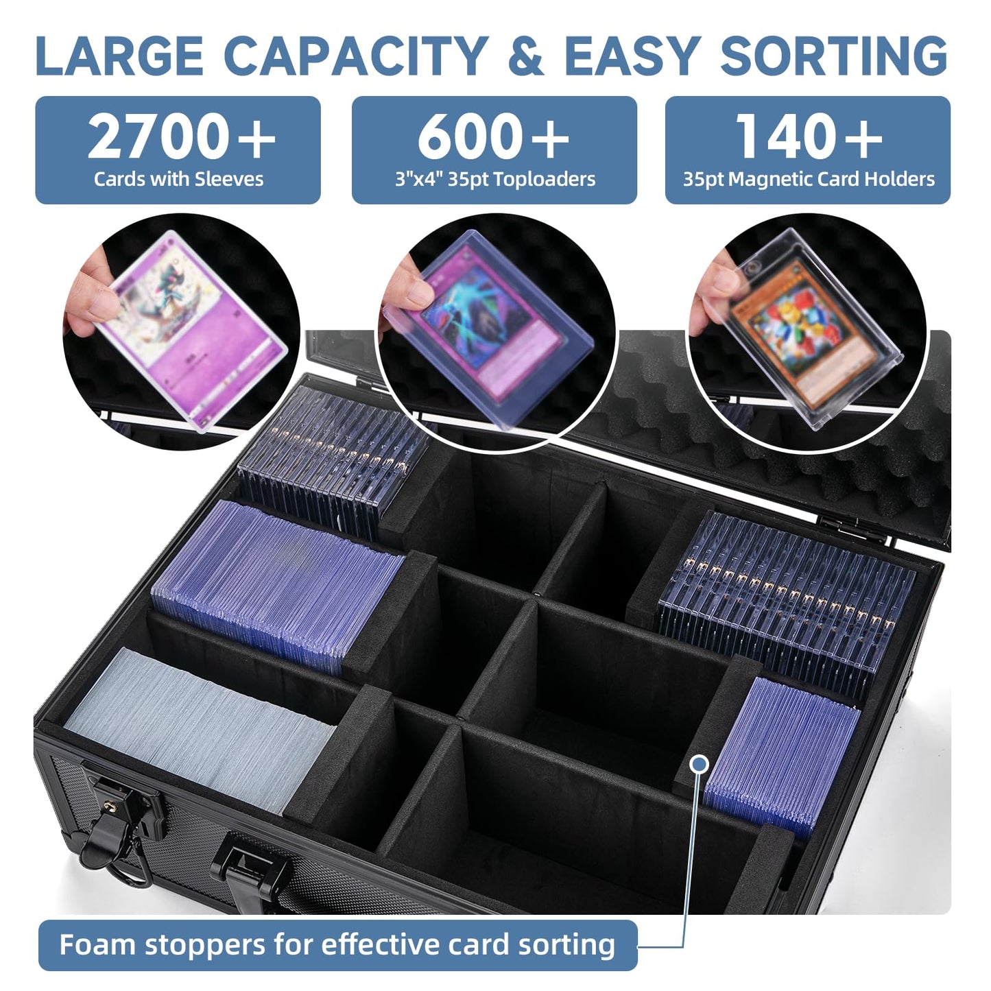 Trading Card Storage Box for 3" X 4" 35pt Toploaders 600+, Sturdy Secure Large Capacity Hard Case with 6 Foam Stoppers, Fits Toploader Magnetic Holders MTG Baseball Sports Card Storage Box Case