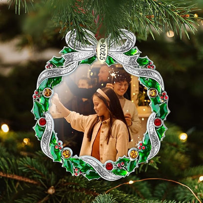 Christmas Tree Ornament Picture Frame Metal Hanging Pendant Holiday 2.5" Photo Frame Charm Decorative of Pets, Baby First Christmas, Family (2025 Christmas Wreath)