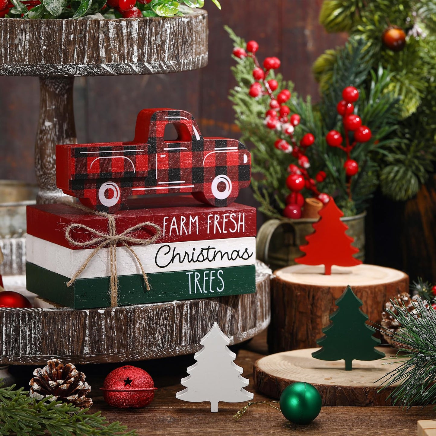 DoubleFill 7 Pcs Christmas Tiered Tray Decor Christmas Table Centerpiece Wooden Red Truck Tree Decor Block Sign 3 Faux Books Bundle with Twine for Xmas Bookshelf Farmhouse Home Party Rustic Decoration
