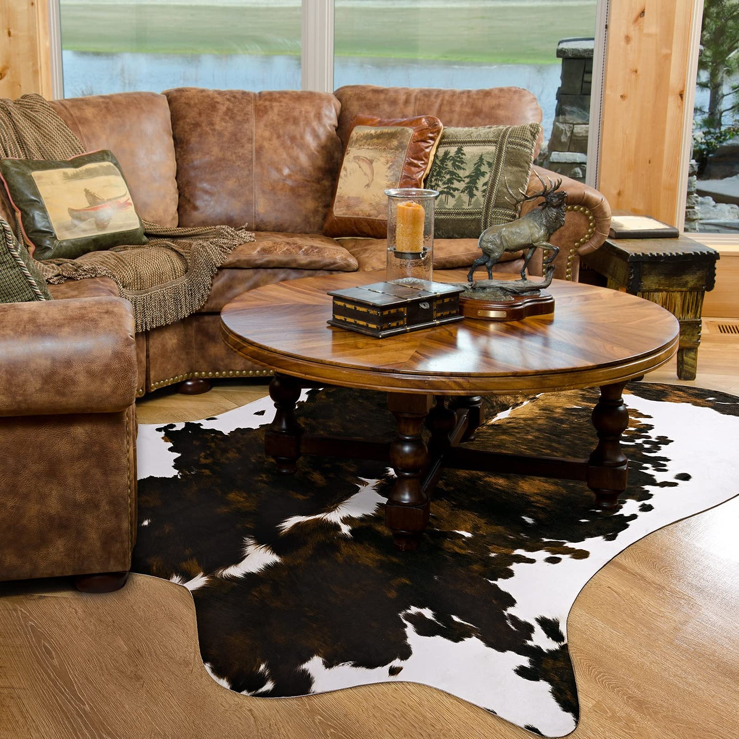 Amearea Faux Cow Hide Rug 5.2x4.6 Feet, Premium Western Home Decor Cow Print Rugs for Living Room, Faux Leather Animal Cowhide Carpet for Bedroom, Dining Traditional Cow Print Stuff Carpets, Brown