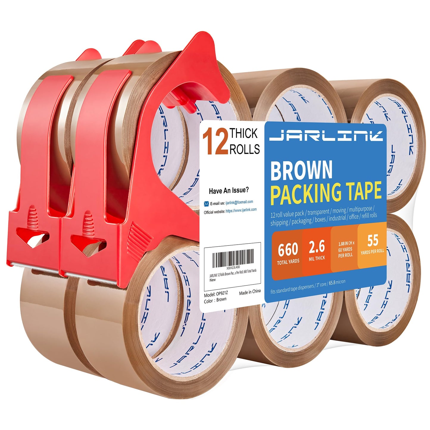 JARLINK 12 Rolls Brown Packing Tape with Dispenser, Heavy Duty Packaging Tape Refills for Shipping Packaging Mailing, 2.6mil Thick, 1.88 inches Wide, 55 Yards Per Roll, 660 Total Yards