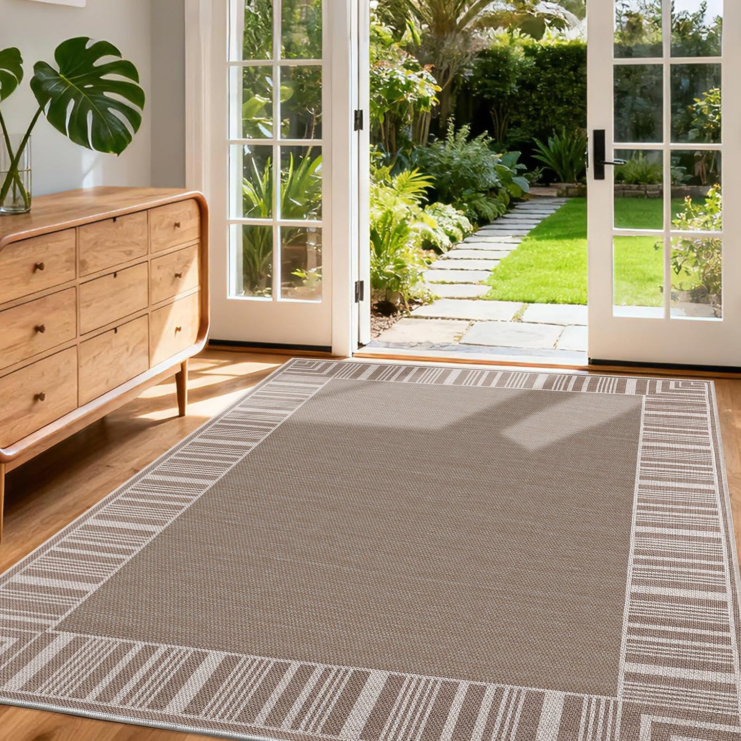 Garvee Area Rug 9x12 Washable - Extra Large Area Rug Non-Slip for Spacious Living Room, Modern Farmhouse Striped Border Carpet for Family Room, Basement, Large Bedroom, Low-Pile Floor Covering, Beige