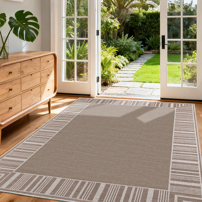 Garvee Area Rug 9x12 Washable - Extra Large Area Rug Non-Slip for Spacious Living Room, Modern Farmhouse Striped Border Carpet for Family Room, Basement, Large Bedroom, Low-Pile Floor Covering, Beige