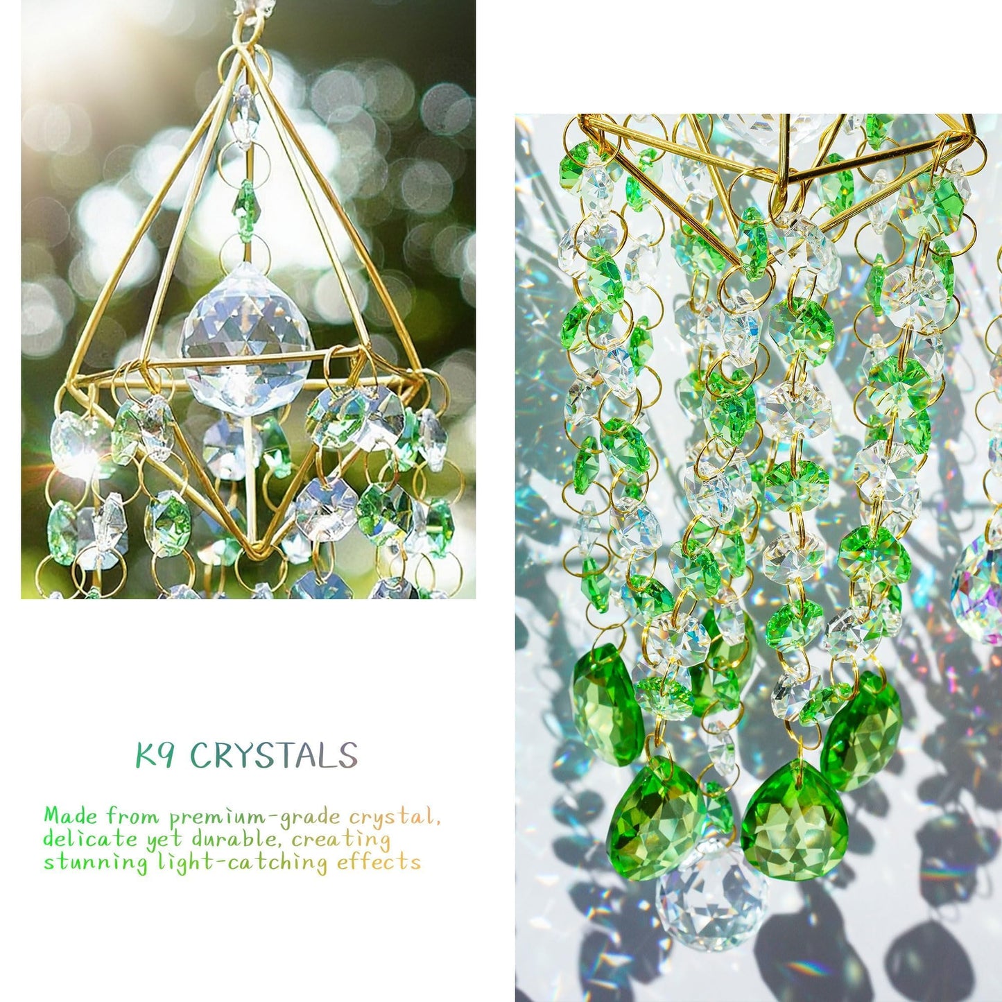 HDCRYSTALGIFTS Crystal Suncatcher Glass Wind Chimes Style Sun Catchers Indoor Window Rainbow Prisms Suncatcher for Window Hanging Home Garden Decor (21.5inch,Green)
