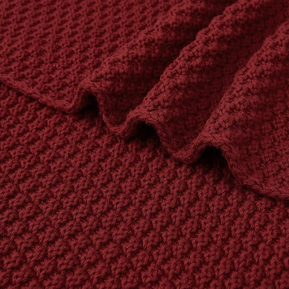 Longhui bedding Wine Red Knitted Throw Blanket for Couch, Cozy Machine Washable 100% Cotton Sofa Knit Bed Blankets, Heavy 4.0lb Weight, 60 x 80 Inches, Laundry Bag Included, Burgundy Color.