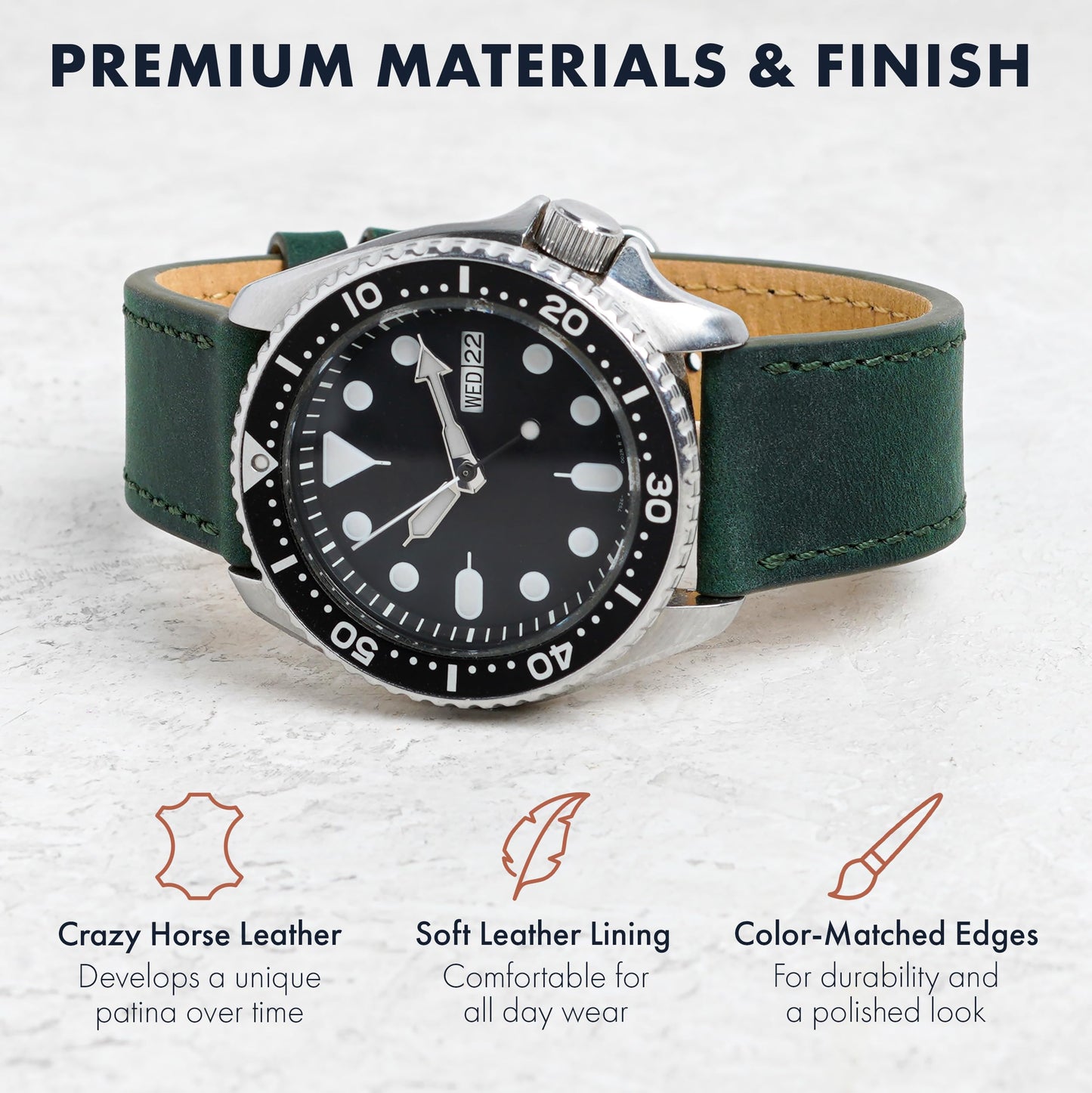 Benchmark 20mm Green Leather Watch Band - Quick Release Crazy Horse Leather Watch Strap - 20mm Leather Watch Band (20mm, Green)