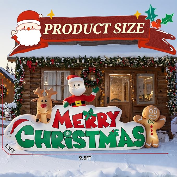 9.5 FT Christmas Inflatable Merry Christmas Sign with Santa, Reindeer & Gingerbread Man, LED Lit in- & Outdoor Decoration for Yard Garden Lawn Winter Decor