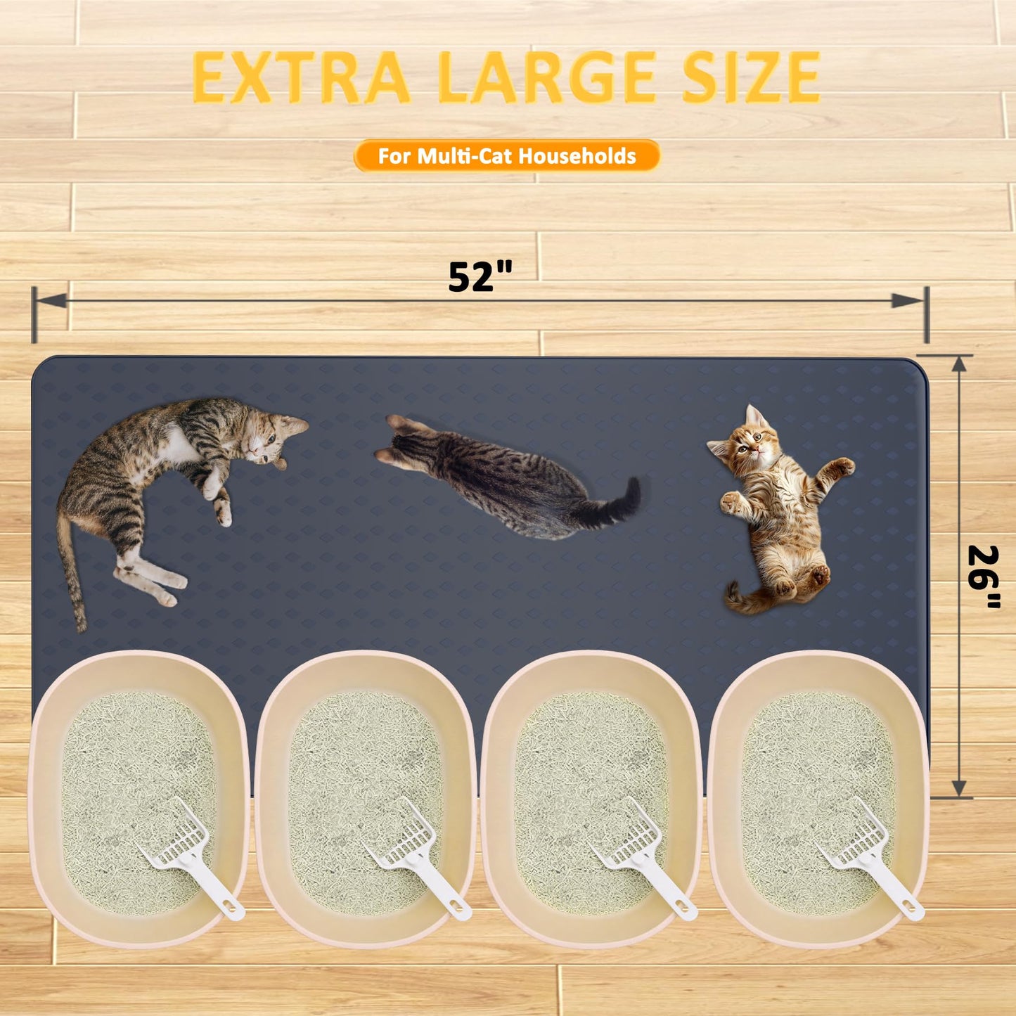 kanuoc Cat Litter Mat, XXXL 52"x26" Extra Large Litter Mats Silicone, Jumbo Waterproof Floor Mat for Pets, Litter Trapping, Easy to Clean for Multi-cat Households(Grey)