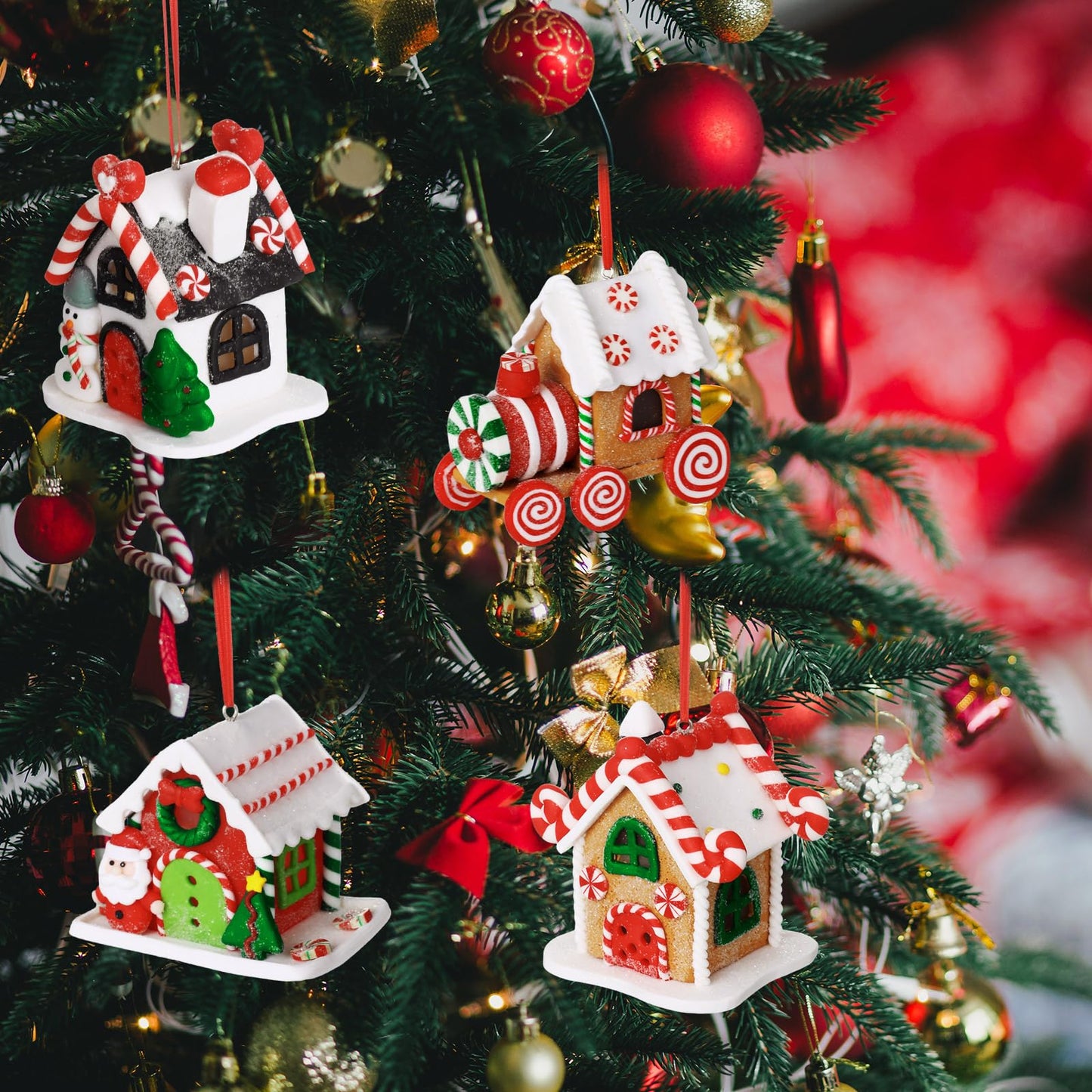 Funtery 6 Pcs Gingerbread House Ornaments for Christmas Tree Gingerbread Christmas Decor with Rope Xmas Hanging Ornaments for Tree Holiday Party New Year Home Decorations (Lovely Style)