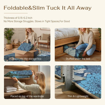 HUGEAR Floral Textured Weave Indoor Outdoor Area Rug 5X8 Washable High Traffic Stain Resistant Non Slip Durable Carpet for Livingroom Patio Deck Balcony Courtyard (Blue, 5' x 8')