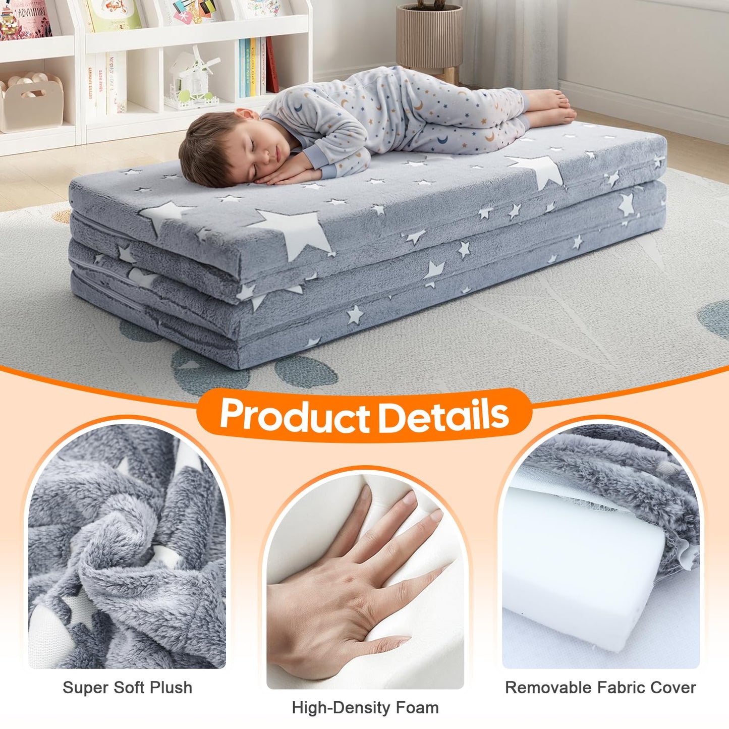 MeMoreCool Foldable Kids Floor Mattress, Play Mat Muscle Mat Large 6x4 FT, Thicken Foam Tatami Futon Mattress for Children Play Area, Sleeping Crawling Pad for Playroom, Grey Star