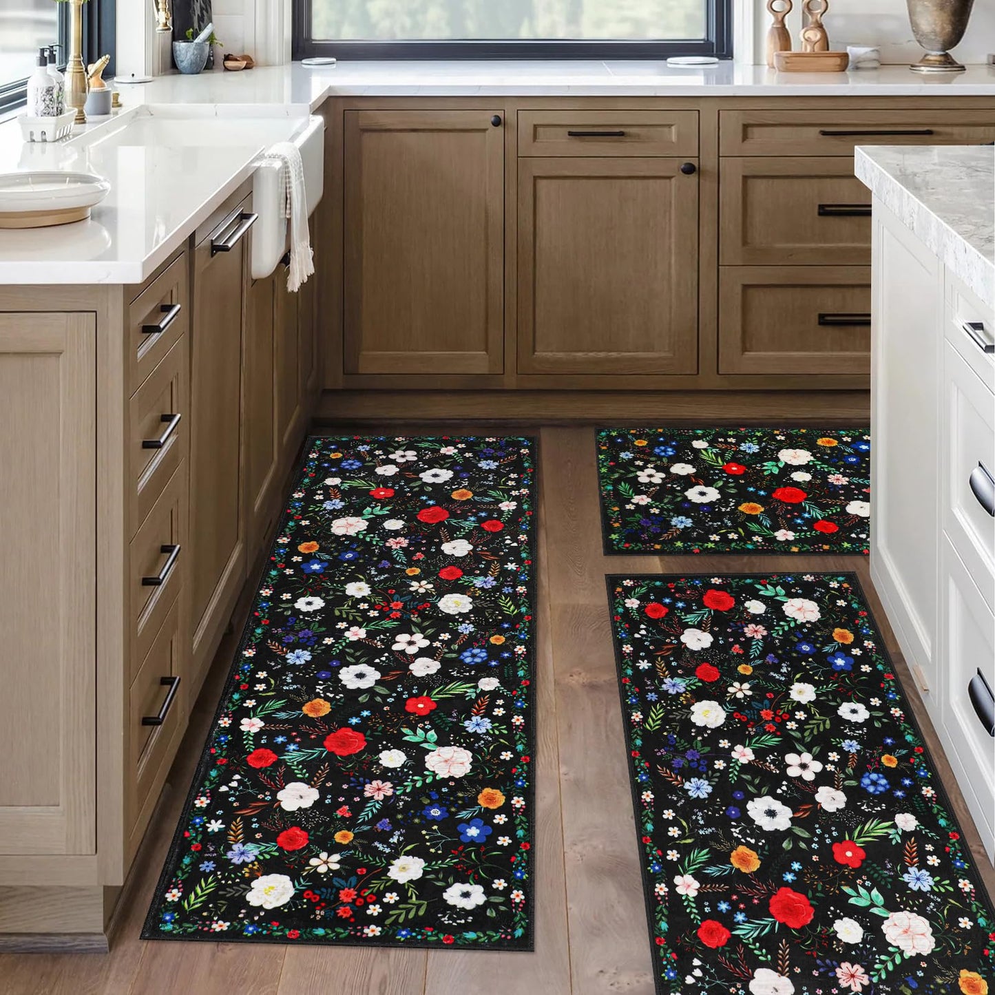 PCSWEET HOME Floral Kitchen Rug Sets 3 Piece, Washable Kitchen Mats for Floor Non Slip Soft Thick Kitchen Floor Mat Carpet Runner Rugs for Hallway Laundry Room, Black