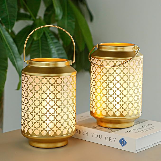 TRIROCKS Set of 2 Battery Operated Lamp 7.5'' High Cordless Decorative Lamp Metal Table Lamps with LED Bulb for Home Living Room Weddings Parties Patio Events Outdoors Indoors Shelf (Gold)