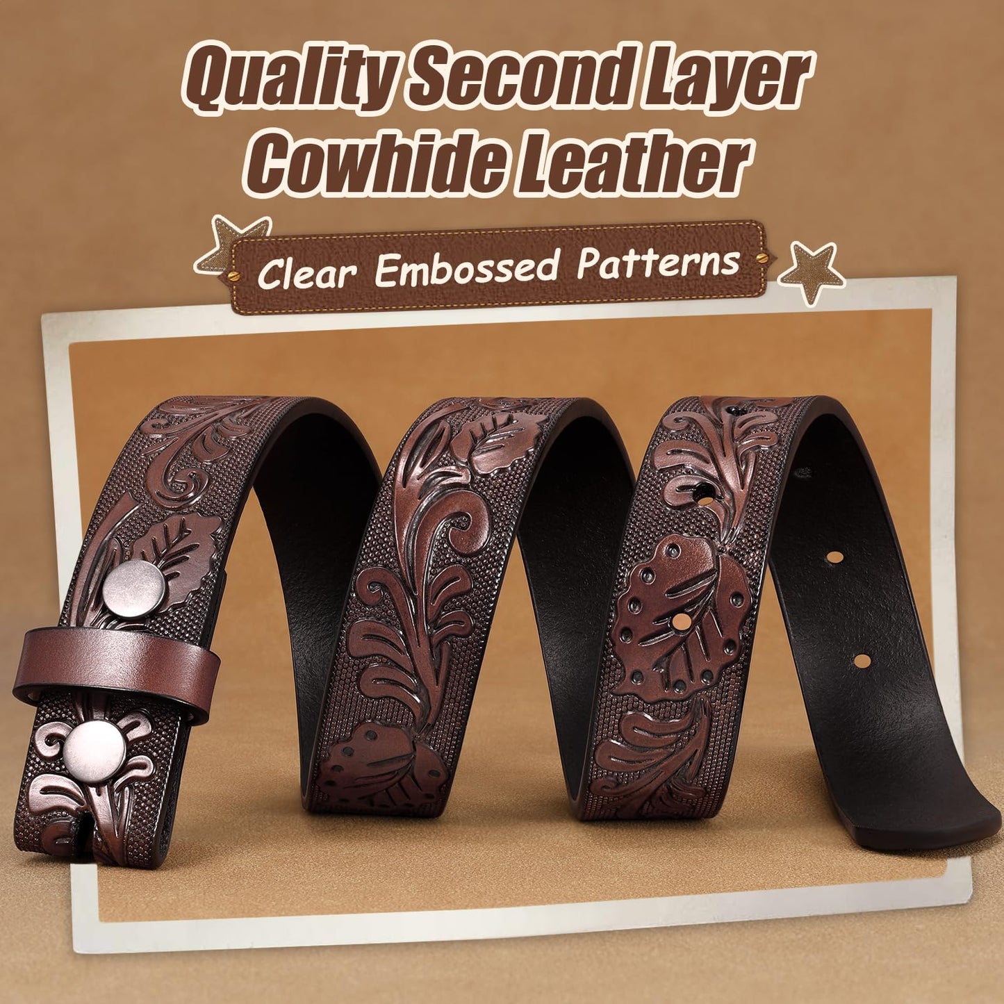 JKEEMI Kids Western Belt, Boys Girls Cowboy Belt for Kids with Detachable Square Buckle and Genuine Leather for Jeans Gifts